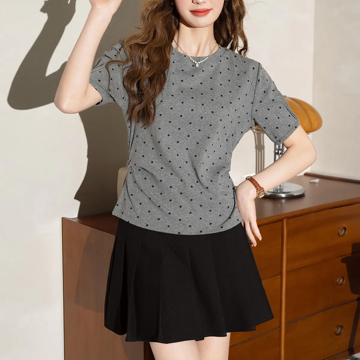 FAWENXIANGZI Lantern Sleeve T Shirt Women's Gray Cinched Waist