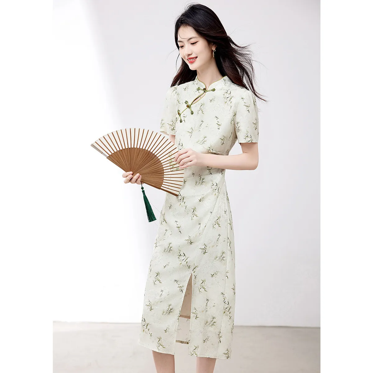 XINFEIYU Short Sleeved Dress Women's Bamboo Green