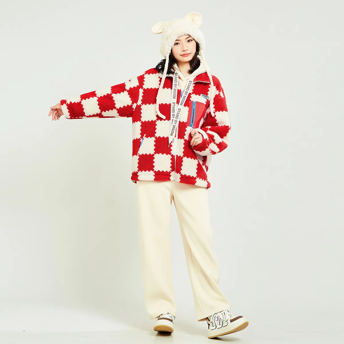 MUGUOGUOMU Velvet feel Coat Women's Red And White Plaid