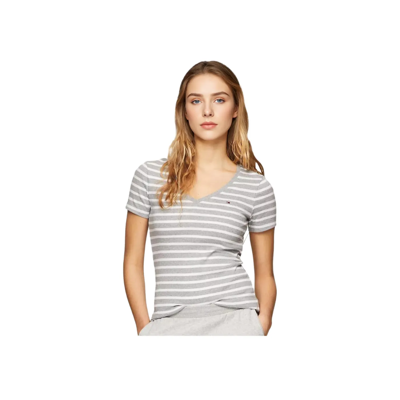 Tommy Hilfiger T Shirt Women's Light Gray & White Stripes