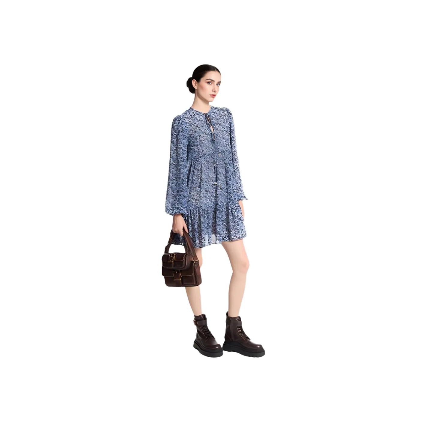 MICHAEL KORS Floral Print Georgette Tie Neck Dress