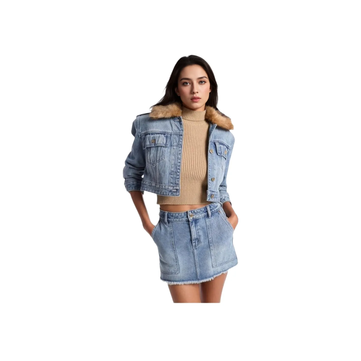 MICHAEL KORS Faux Fur Trim Denim Cropped Jacket