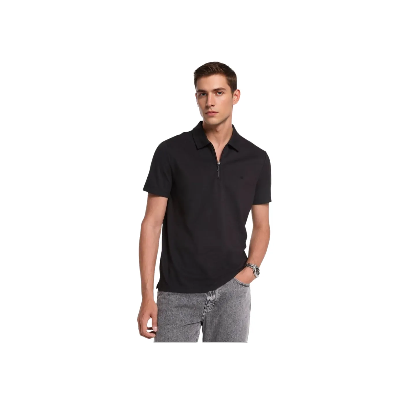 Cotton Blend Piqué Zip Up Polo Shirt