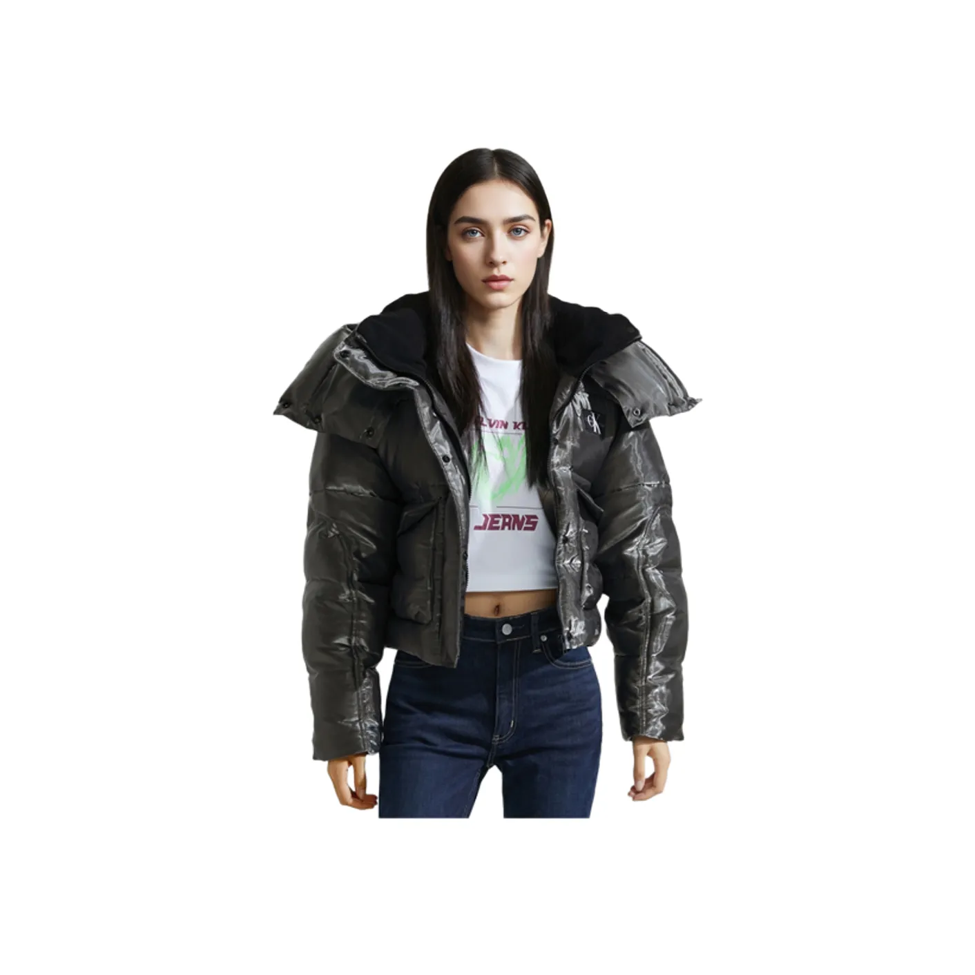 CALVIN KLEIN Puffer Jacket Women's Gray Tin Can