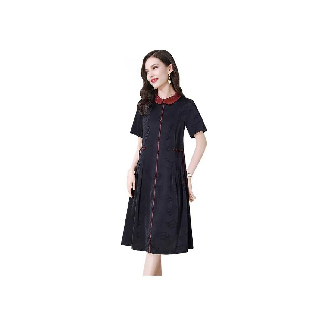 Cypress House Short Sleeved Dress Women's Black & Red Collar