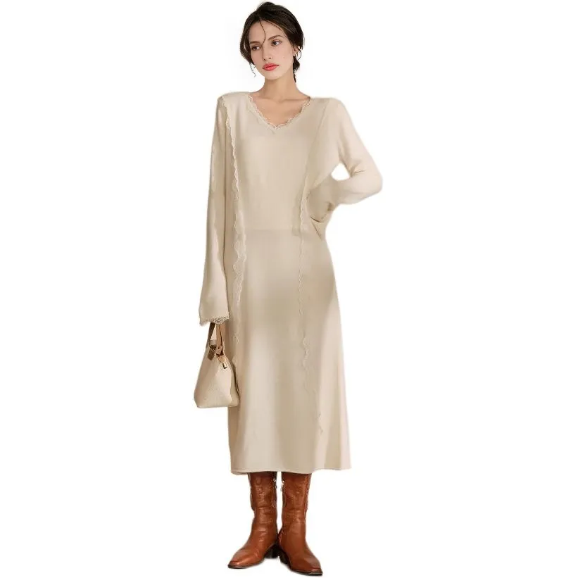 QIAOYUHUAZUN Длинное платье с длинными рукавами женское лунно-белый