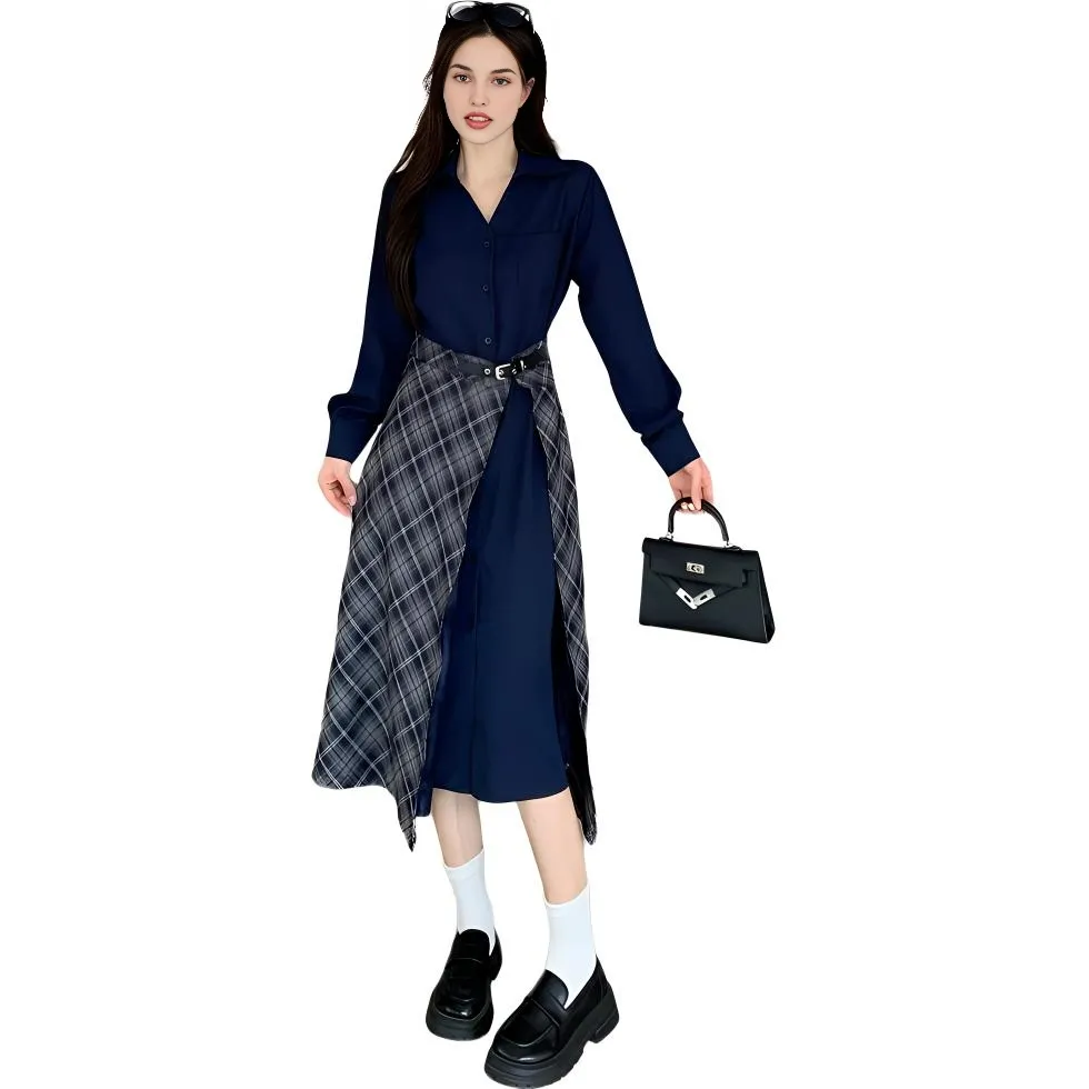 GULIANFEI Long-Sleeved Dresses Women's Navy Blue