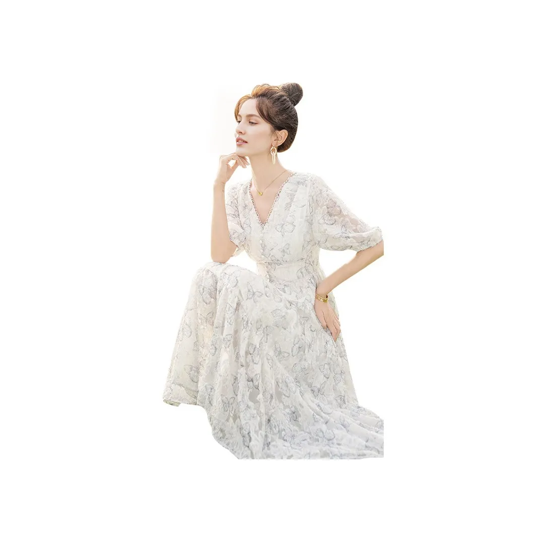 Cypress House Short Sleeved Dress Women's White Blue Butterfly