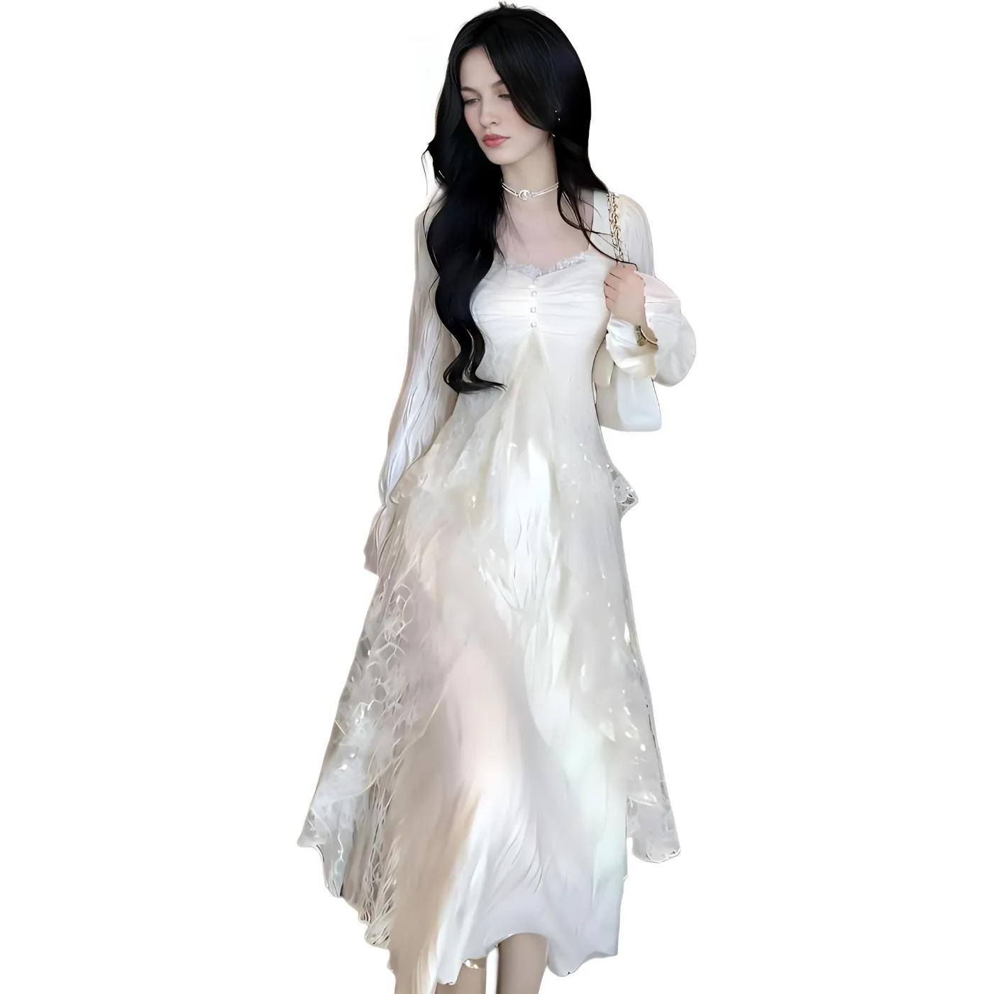 Flowers In Water Long Sleeved Dress Women's Apricot
