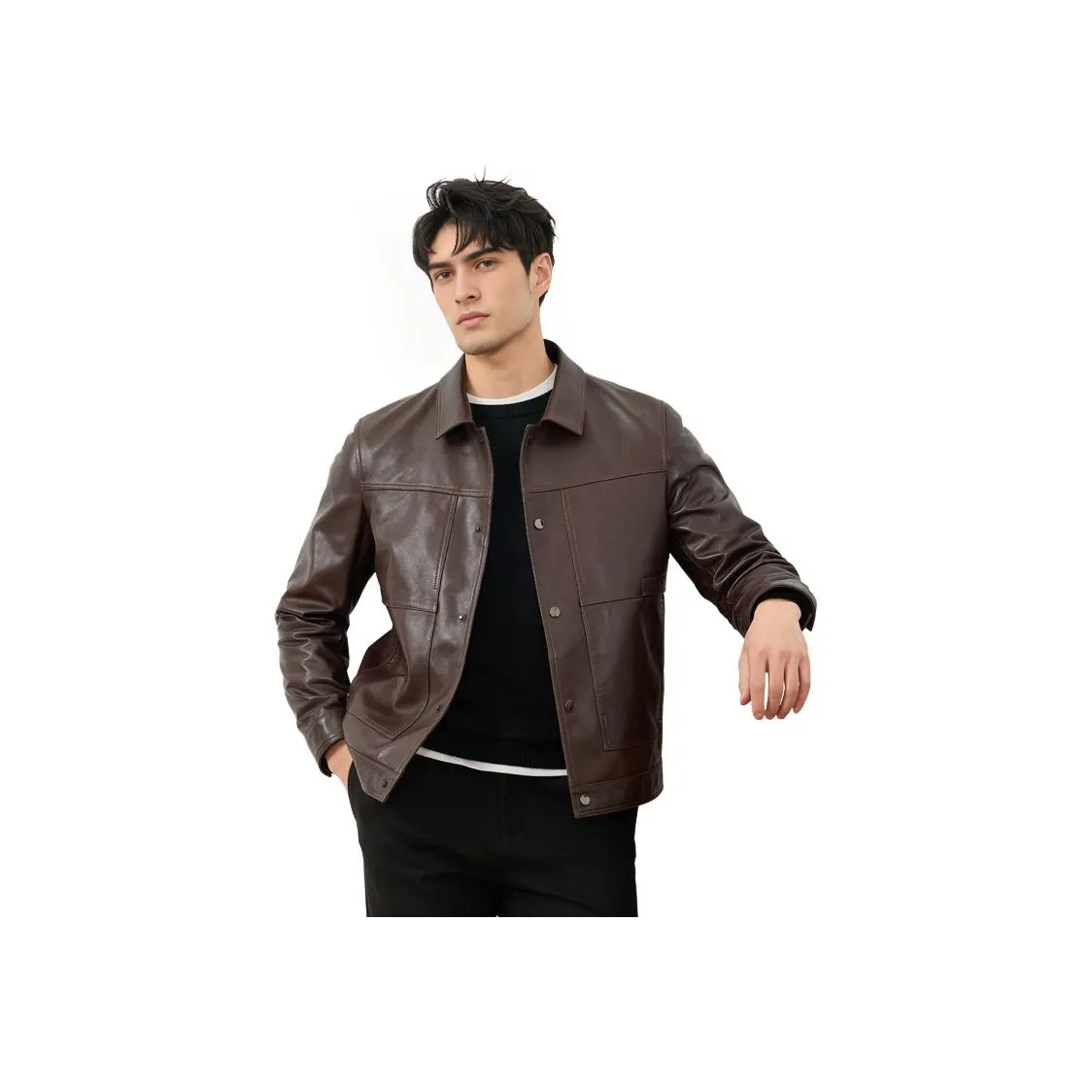 JIMU Haining Натуральная кожа Куртка Мужская Отложной воротник Овечья кожа Мотоциклетная куртка Стильный Юный Пальто Мужской