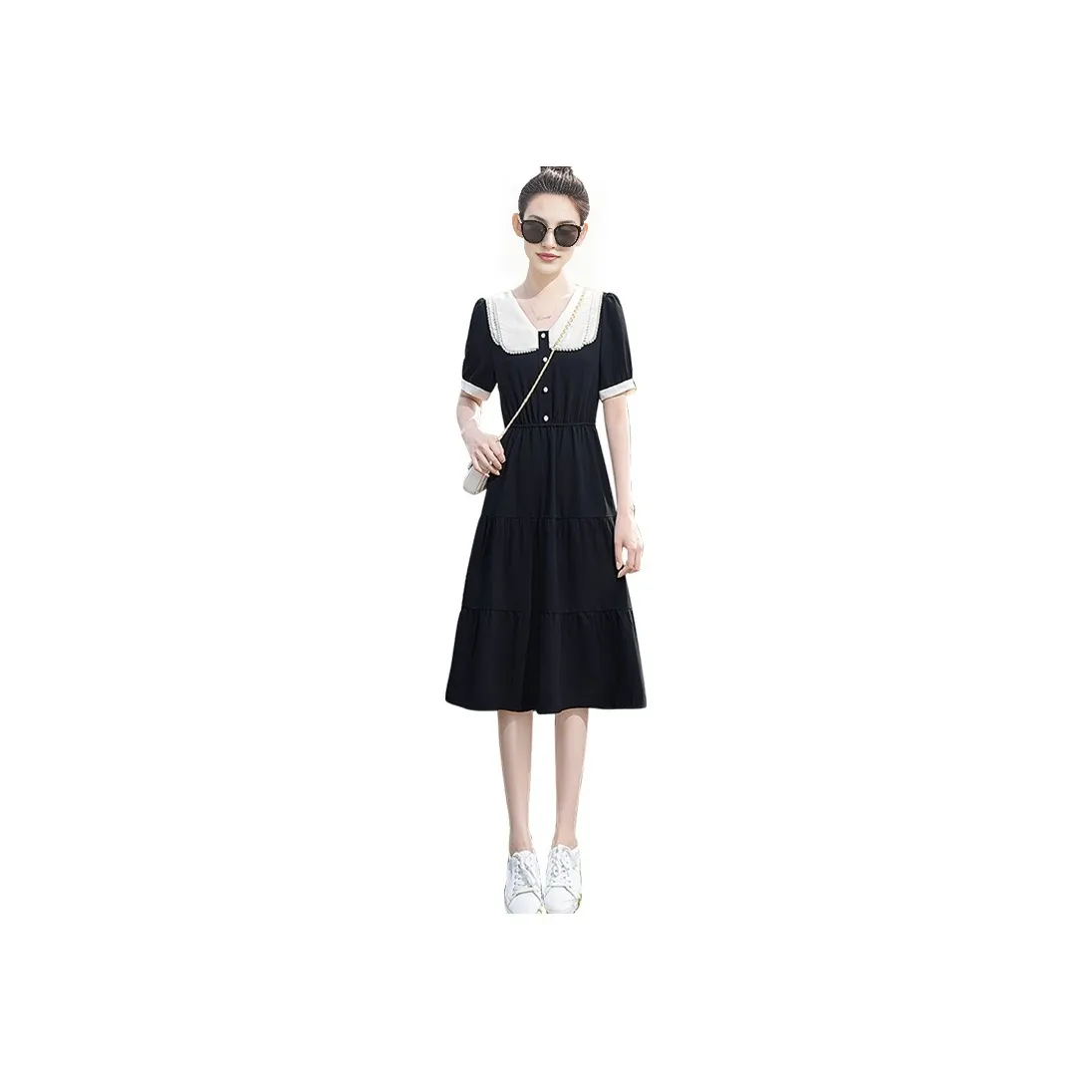 Cypress House Short Sleeved Dress Women's Black With Beige Collar