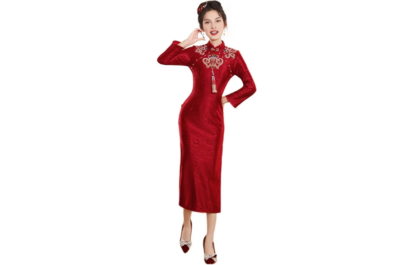 Red Colored Clothes Cheongsam Women's Burgundy
