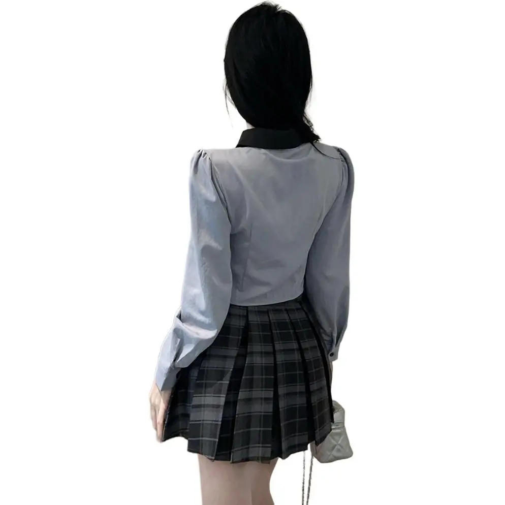 DGMZ Uniforms Women's Blue Shirt Tie Plaid Skirt Clothing Set