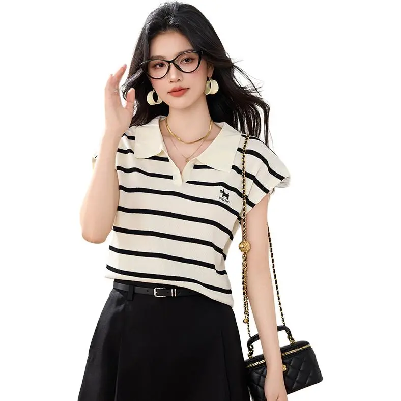 La Chapelle Flutter Sleeve T Shirt Women's White Black Stripes