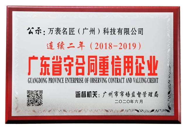 喜讯!万表名匠再获广东省守合同重信用企业称号