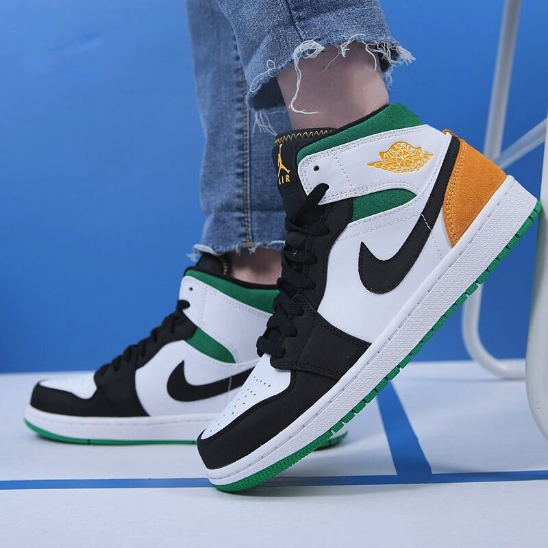 Кроссовки Jordan JordanAir Jordan 1 Mid GS (белый / зеленый / желтый) — Белый / зелёный / жёлтый — фото 4
