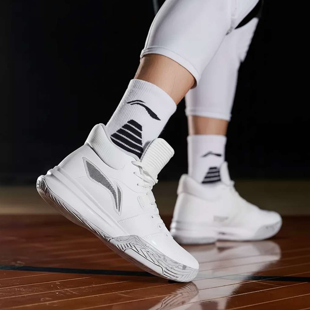Li Ning Cushioning Slip Resistant Abrasion Resistant Lightweight Mid top Basketball Shoes Men’s White