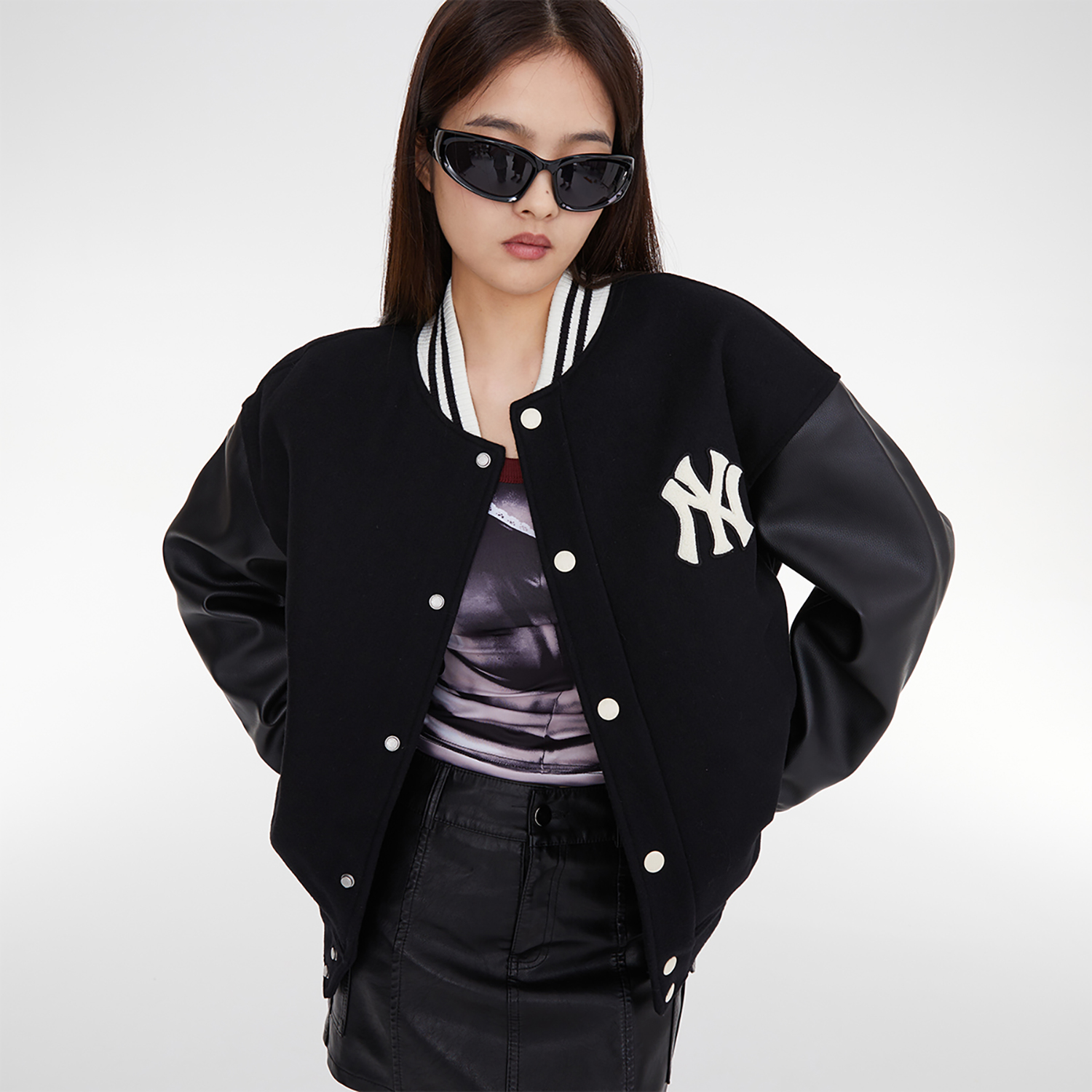 MLB New York Yankees color-block letter print single-breasted baseball jacket unisex black
