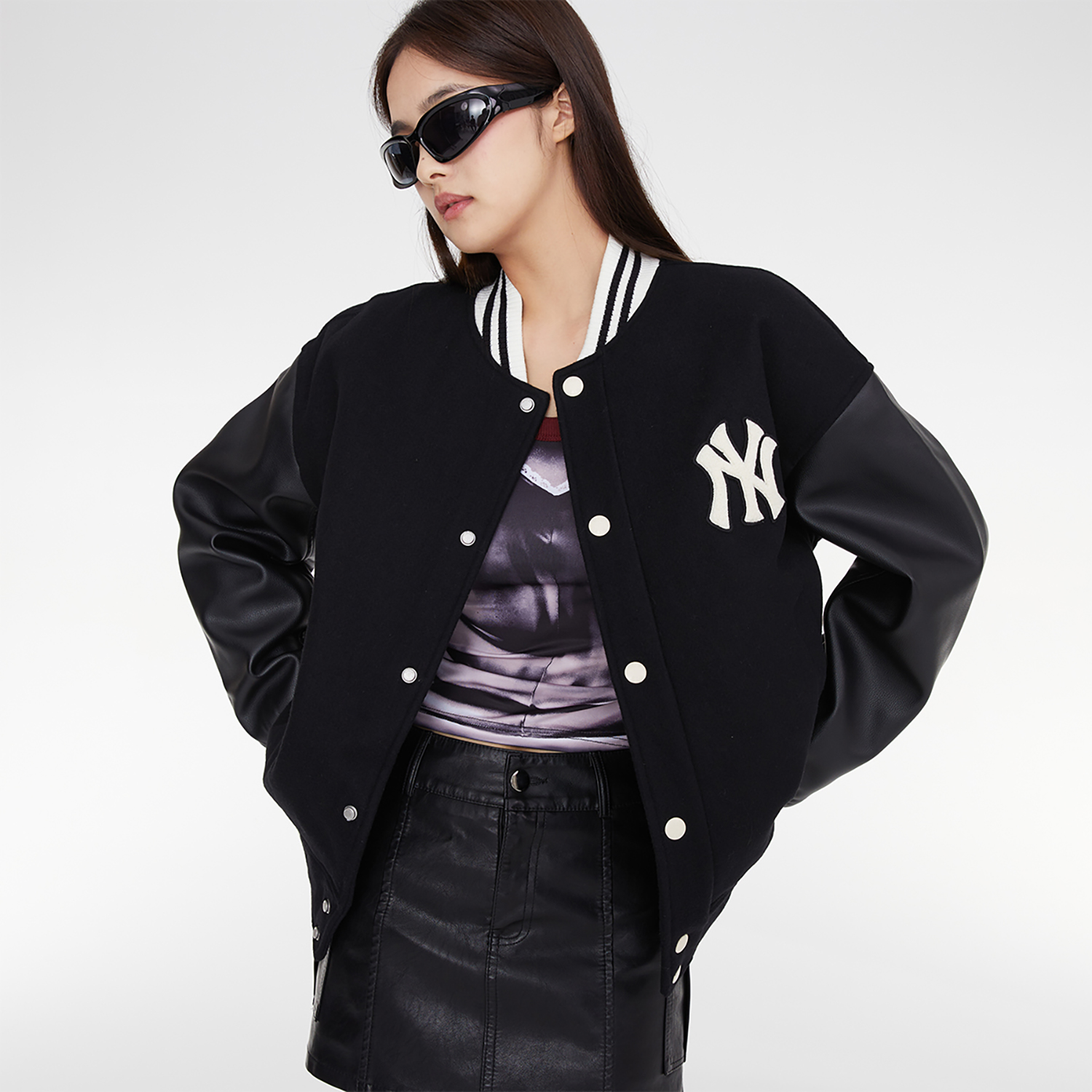 MLB New York Yankees color-block letter print single-breasted baseball jacket unisex black