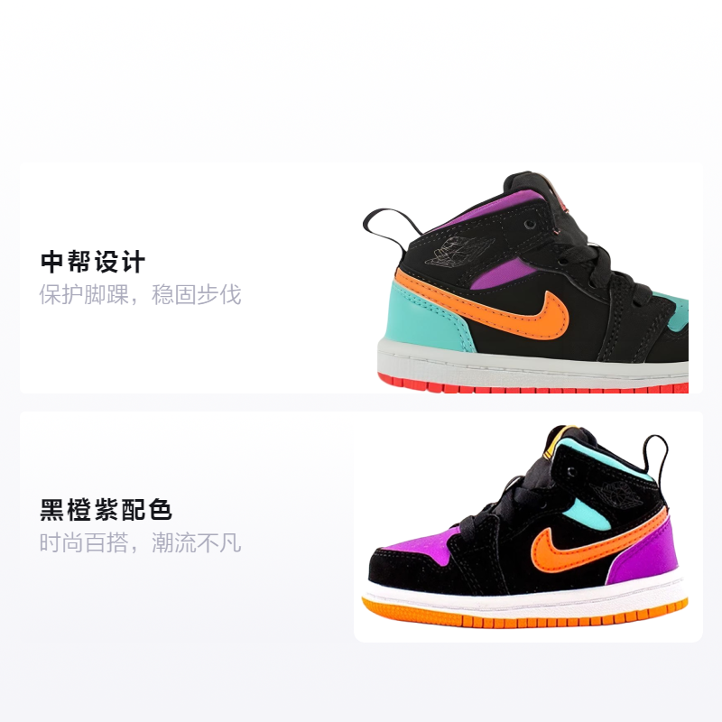 Детские кроссовки Jordan Air Jordan 1 Mid (черно-оранжево-фиолетовые) — фото 2