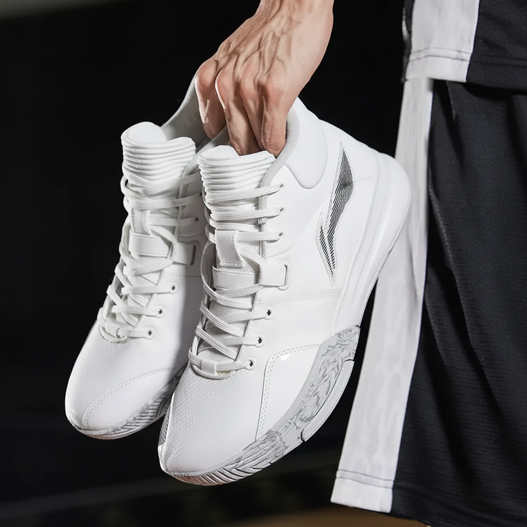 Li Ning Cushioning Slip Resistant Abrasion Resistant Lightweight Mid top Basketball Shoes Men’s White