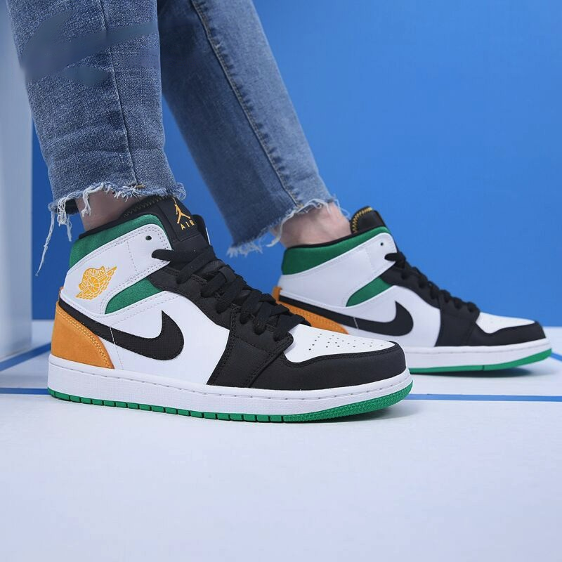 Кроссовки Jordan JordanAir Jordan 1 Mid GS (белый / зеленый / желтый) — Белый / зелёный / жёлтый — фото 7