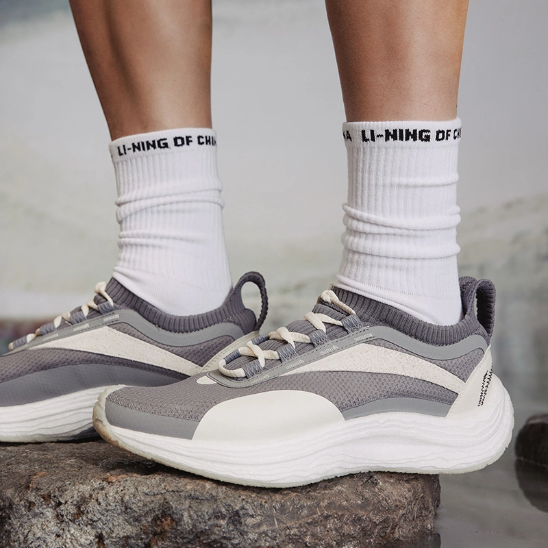 Li Ning Cushioning Slip Resistant Low top Running Shoes Unisex Gray Beige