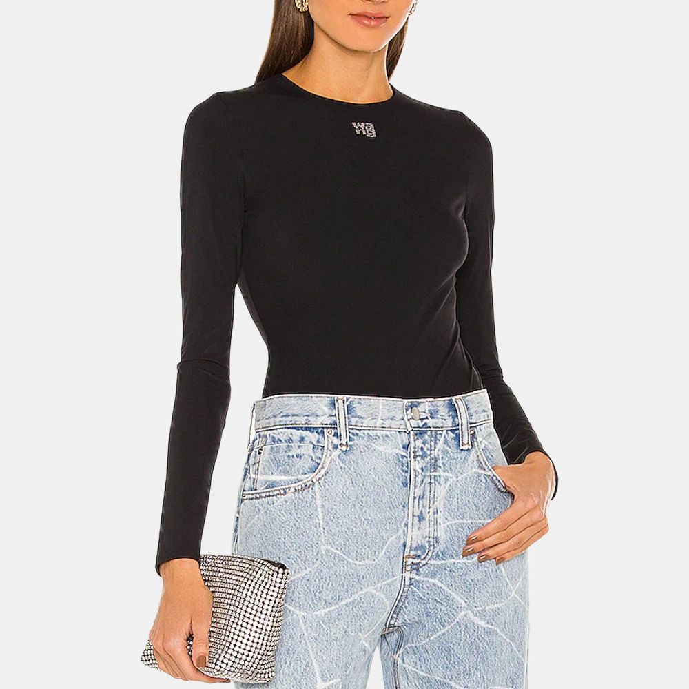 alexander wang FW21 Women’s Logo Letter Printed Long Sleeve Crystal Studded Bodysuit Black