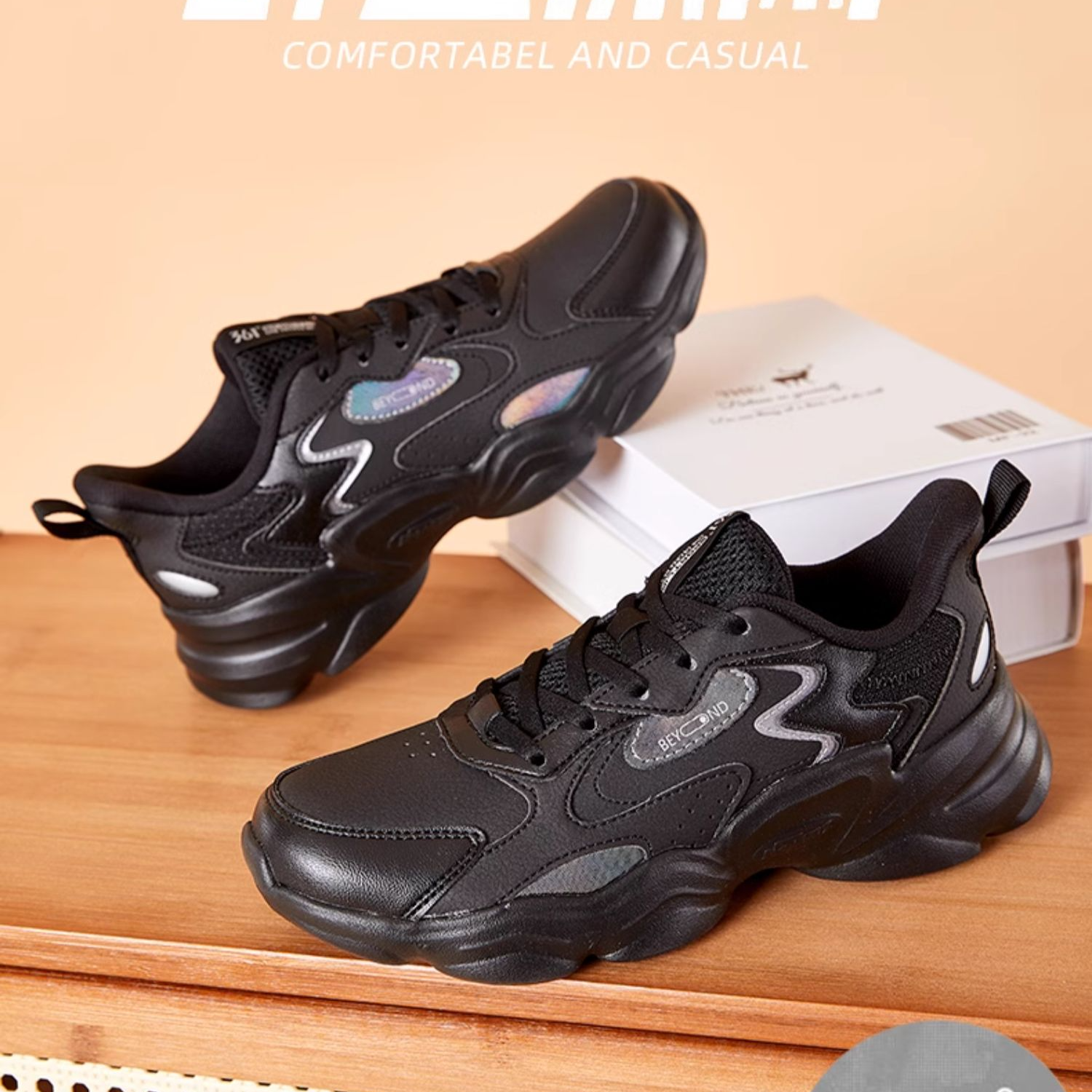 361° Synthetic Leather Cushioning Slip Resistant Lightweight Low top Running Shoes Women’s Black