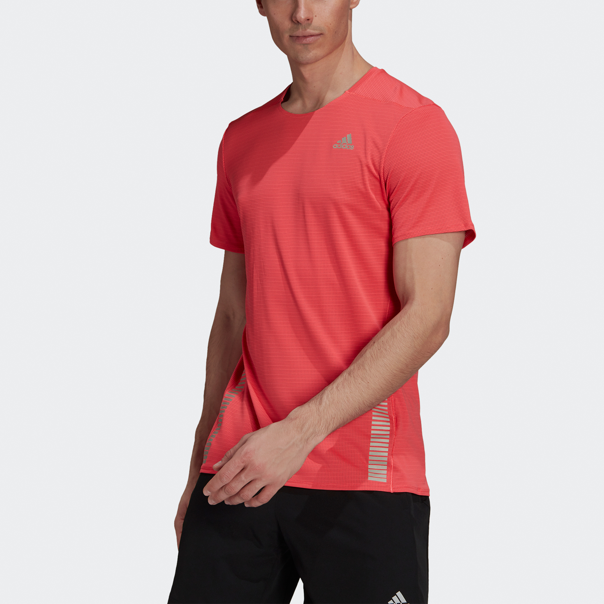 Adidas Running T Shirts Men’s Bright Pink Red Fluorescent Crew Neck Moderate Straight Fit
