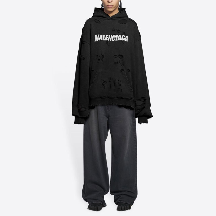 Мужское худи Balenciaga Caps FW23 Caps Destroyed (черное) — фото 4