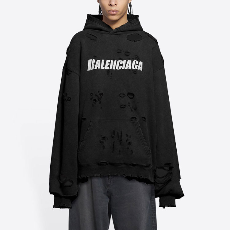 Мужское худи Balenciaga Caps FW23 Caps Destroyed (черное) — фото 3