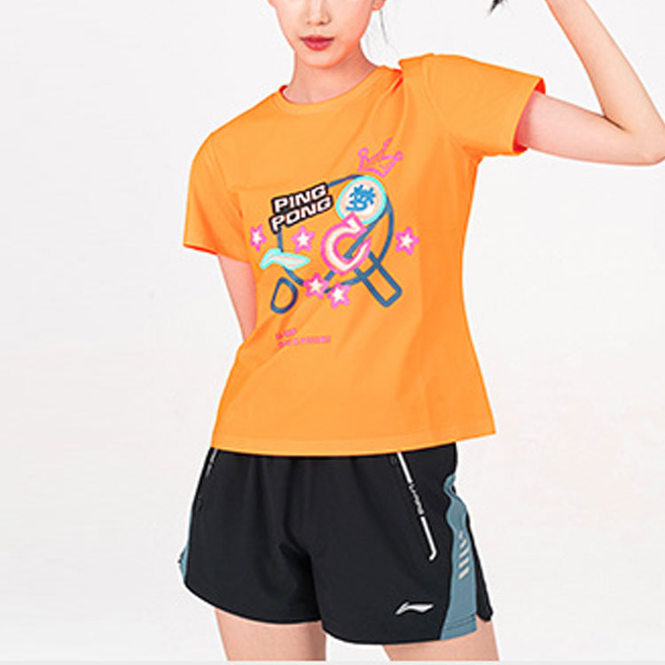 Li Ning Table Tennis Clothing Women’s Fluorescent Sweet Orange Crew Neck Moderate