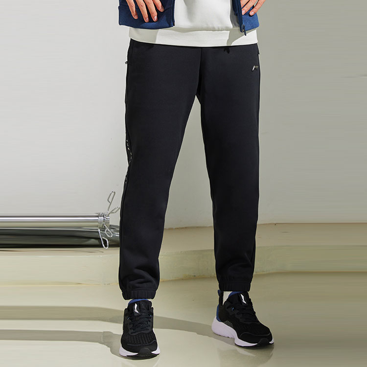 Li Ning Solid Color Elastic Cuff Fleece Lined Sports Pants Men’s Black