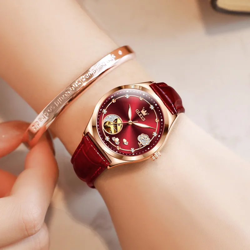 OLEVS Механические часы с кожаным ремешком женские с белым циферблатом