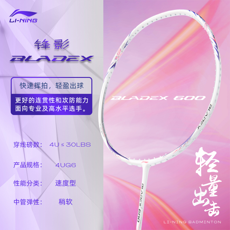 Li Ning Blade Shadow 600 Full Carbon Badminton Rackets Speed Type Enhanced Swing Speed Professional 675MM White