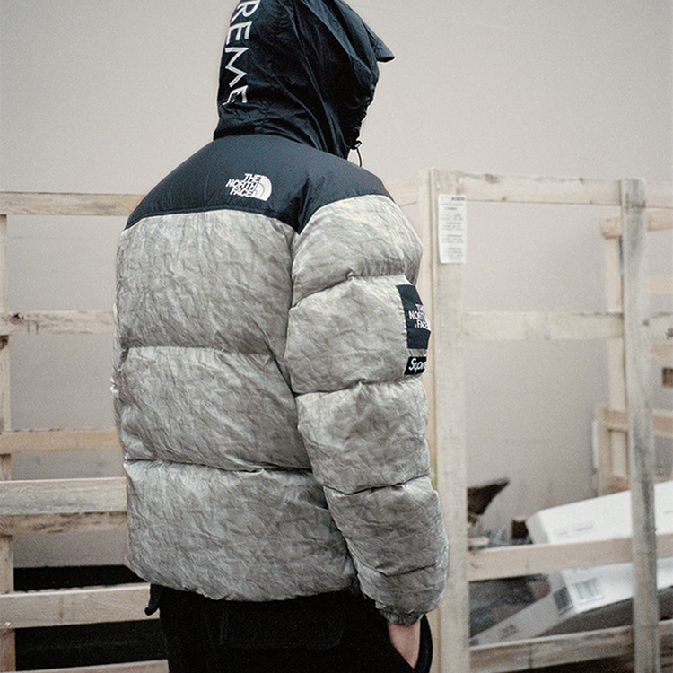 Куртка Supreme x The North Face Paper Print Nuptse Jacket (серая) — фото 6