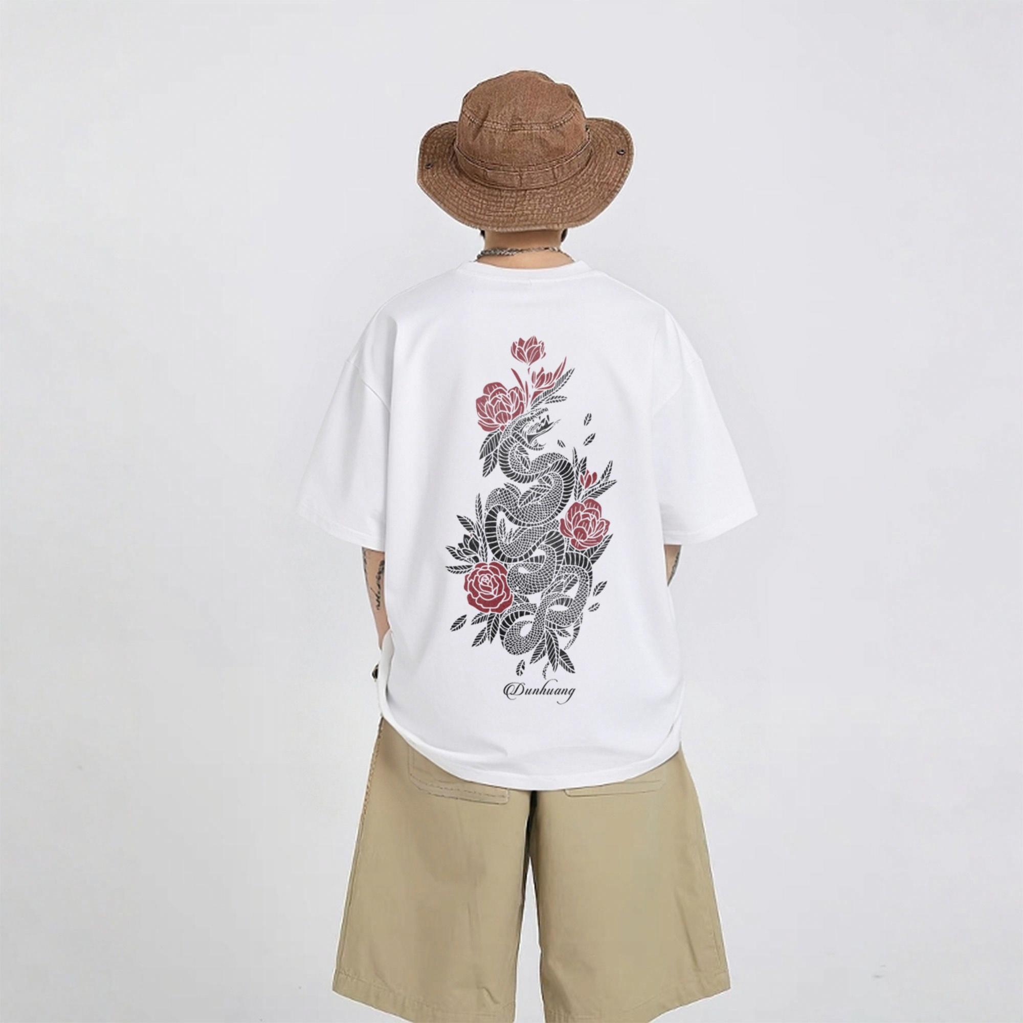 Dunhuang Fine Arts Institute American high street cleanfit style pure cotton heavyweight simple full-print new Chinese-style trendy snake and floral pattern round neck loose short-sleeve T-shirt unisex