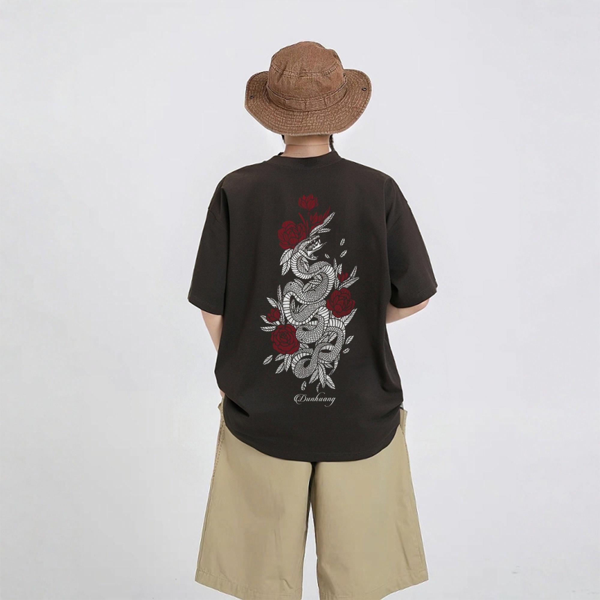 Dunhuang Fine Arts Institute American high street cleanfit style pure cotton heavyweight simple full-print new Chinese-style trendy snake and floral pattern round neck loose short-sleeve T-shirt unisex