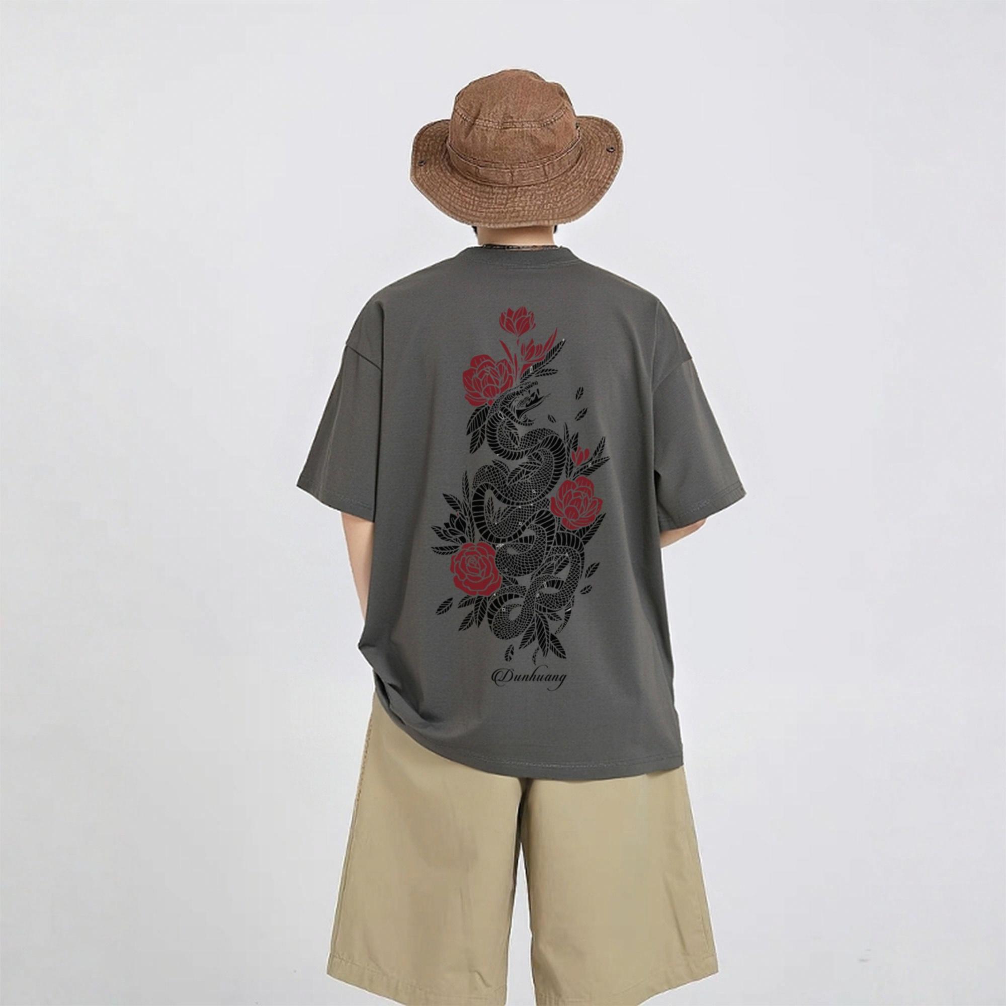 Dunhuang Fine Arts Institute American high street cleanfit style pure cotton heavyweight simple full-print new Chinese-style trendy snake and floral pattern round neck loose short-sleeve T-shirt unisex