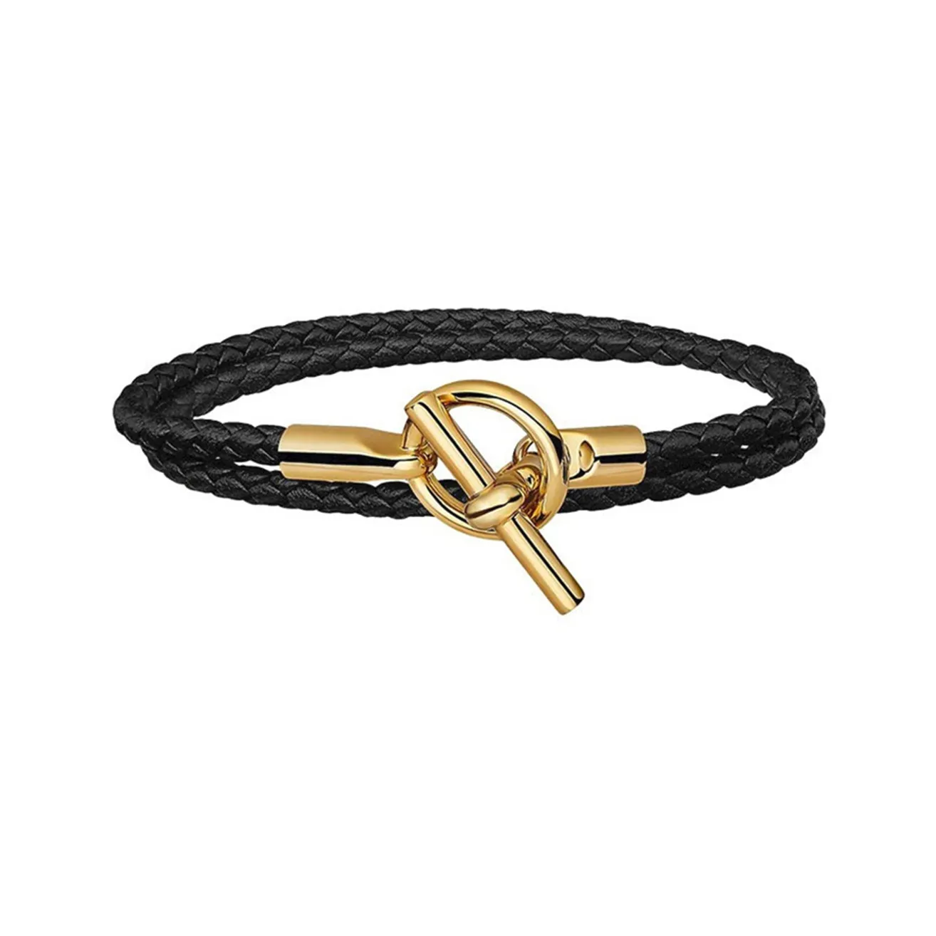 HERMES Glenan Leather Bracelets Unisex Black Gold