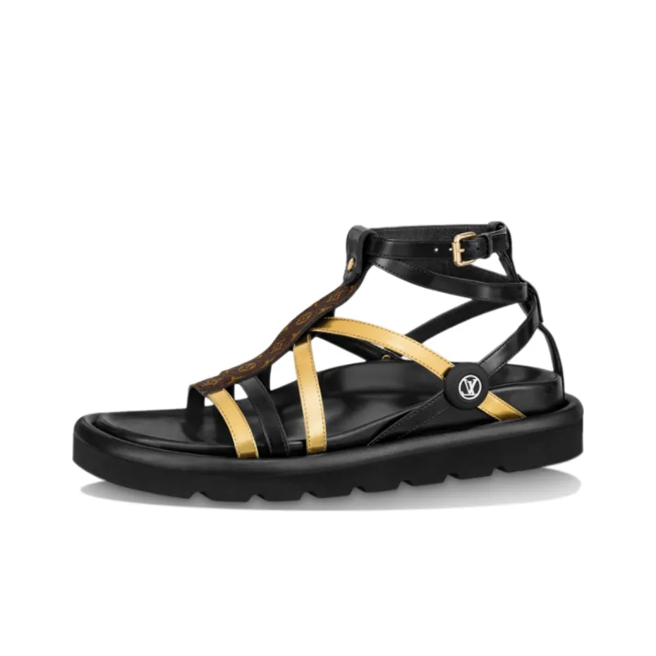 LOUIS VUITTON Pool Comfort One Strap Sandals Women's Black Gold