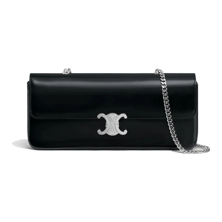 CELINE Triomphe Arc De Triomphe Cow Leather Chain Bag, Shoulder Bag, Handbag Regular Women's Black Silver