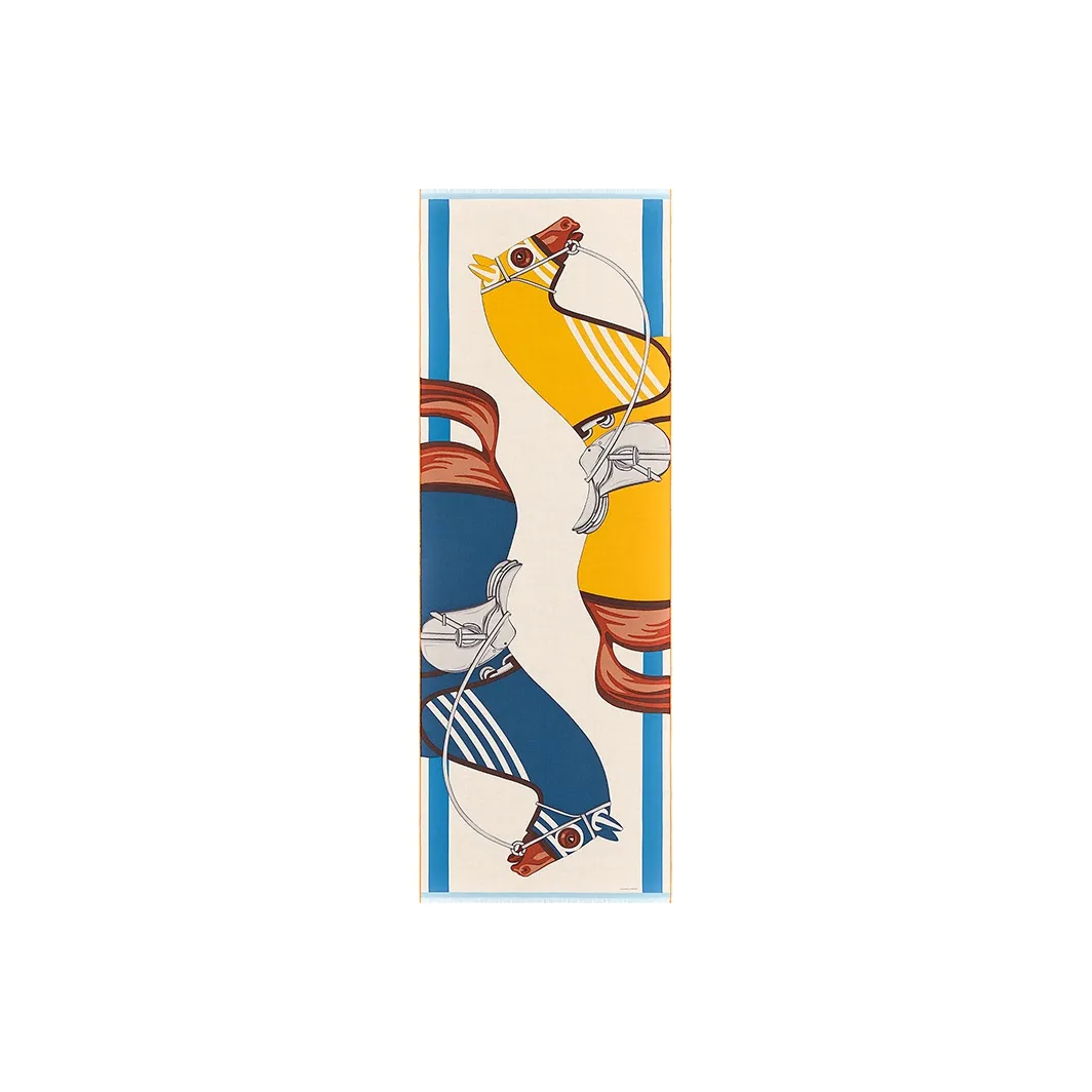 HERMES Silk Scarves Men's Natural/Yellow/Marine Blue