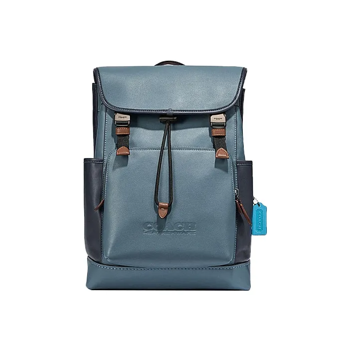COACH League Cow Leather Travel Bags Backpack Large Size Men's Haze Blue With Black Accents