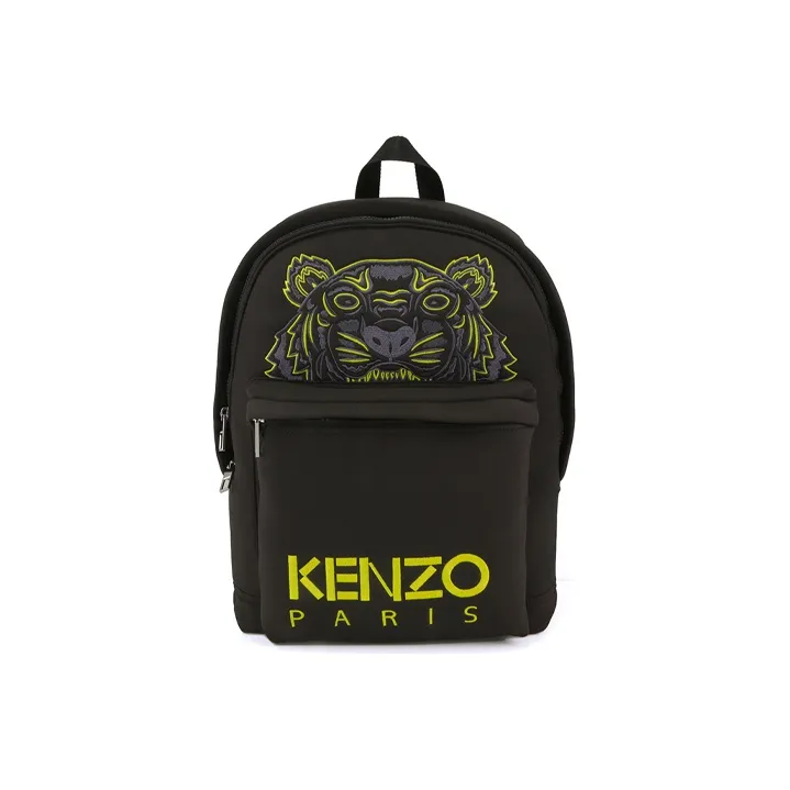 KENZO Classic Tiger Head Polyester Backpack Unisex Black Yellow Text