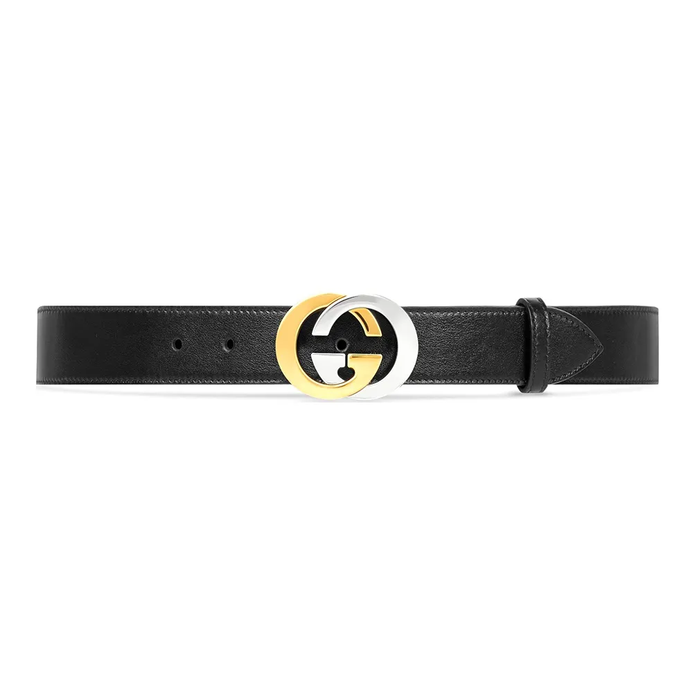GUCCI Gold And Silver Double G Leather Belts Men's Black Width 3cm