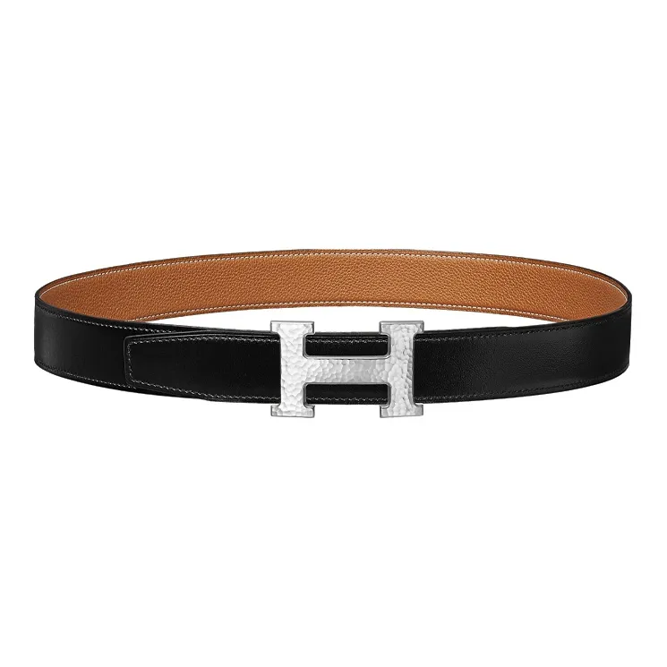 HERMES H Martelee H Letter Silver Buckle Togo Calfskin Double Sided Leather Belt Men's Black/Gold Width 3.2cm