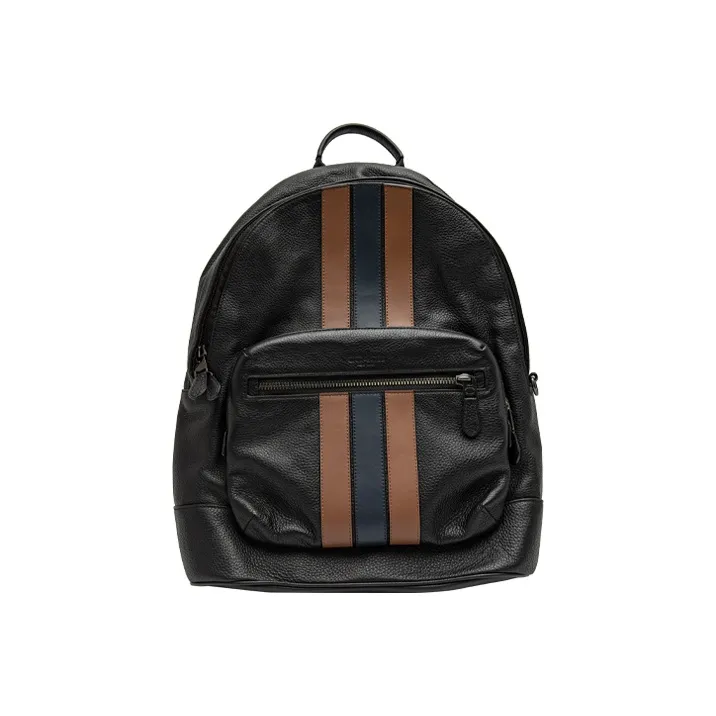 COACH West Pebbled Leather Backpack Medium Size Men's Black & Brown Blue Stripes