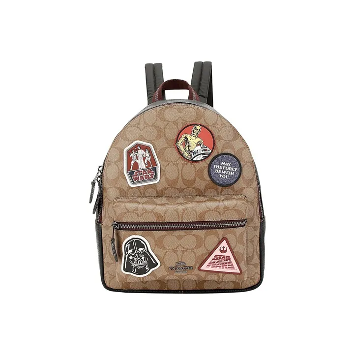 COACH Star Wars Xingji Battle Collaboration Canvas With Leather Backpack Large Floral Women's Khaki Brown